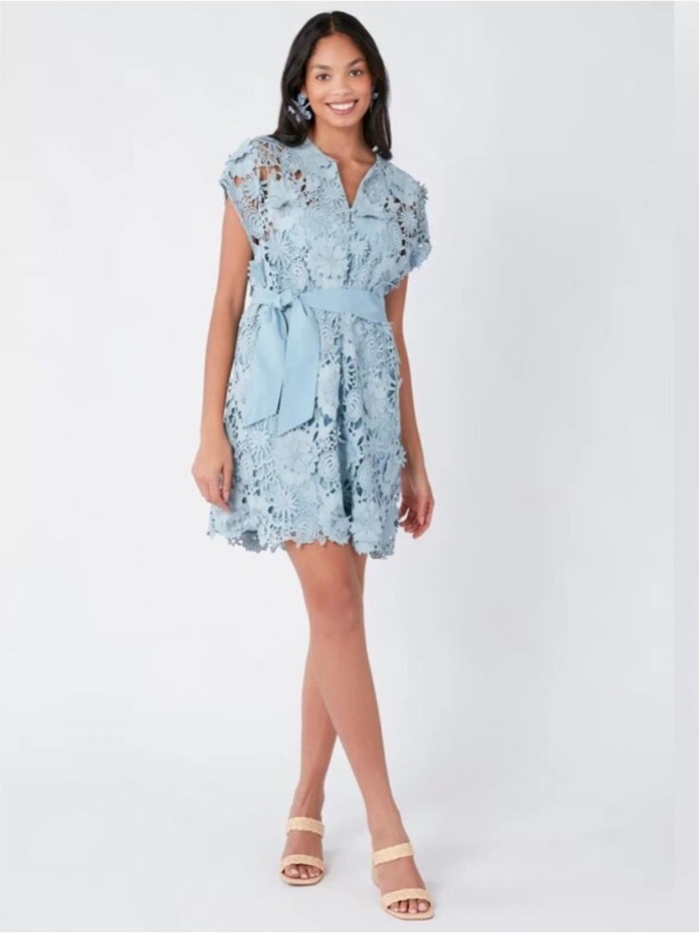 Abbey Glass Vera 3D Floral Lace Caftan Dress in Ice Blue SZ S VGUC